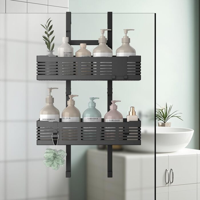 Поличка для душу AIGOCITY без свердління, чорна, для скляних душових кабін, з 3 гачками, регульована висота, для шампуню та гелю для душу