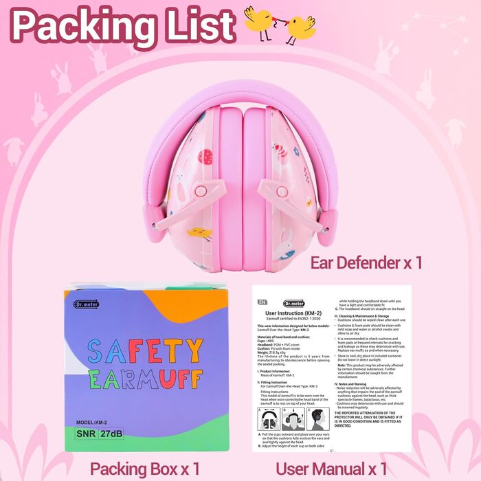Навушники для захисту від шуму Dr.meter для дітей - пасивні навушники для школи, навчання, сну, аутизму, гри на барабанах, SNR 27dB, зелені (рожевий кролик)
