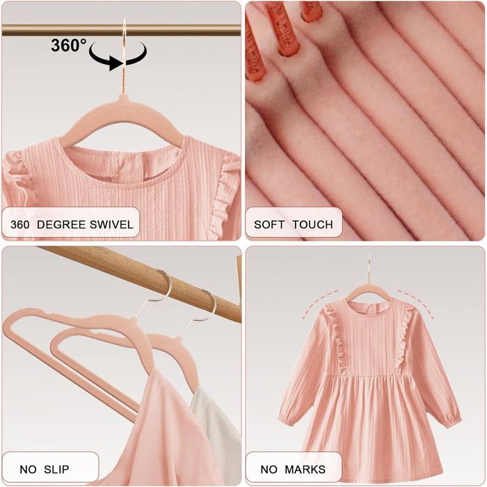 50 дитячих вішалок для одягу з оксамиту, вішалки для немовлят з поворотним гачком 360°, неслизькі та міцні з тримачем для краваток, 30B x 20,5H см, рожеві, AFY0350P