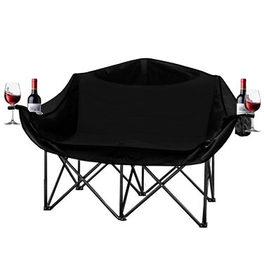 Кампанінг стілець подвійний великий з підлокітниками та підсклянником, складаний для 2 осіб, чорний - для кемпінгу та відпочинку на природі