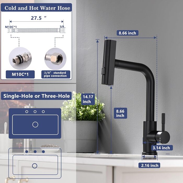 Чорний кухонний змішувач з витяжною лійкою TIMACO 360° поворотний, одноручний, для кухонної мийки | Змішувач для кухні