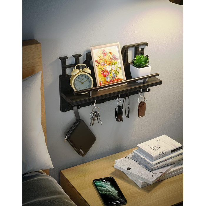 Дерев'яне ключниця-органайзер на стіну з полицею, 7 гачків, чорний, для дому