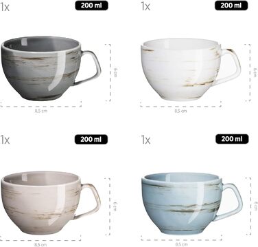 Набір кавових чашок MÄSER Derby Premium для 4 осіб, 240 мл, кераміка, пастельні кольори, керамічні підставки, гастрономічна якість