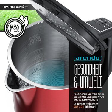 Електричний чайник Arendo з регулюванням температури 40-100°C, 1,5 л, 2200 Вт, модель ELEGANT, червоний