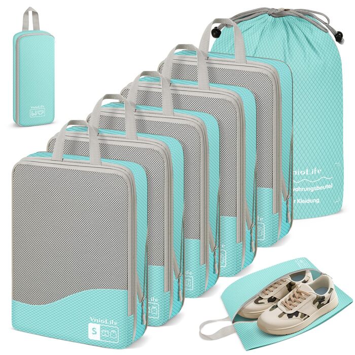 VnioLife Набори для пакування валізи: 8 шт. - Органайзер для подорожей, компресійні куби для валізи (Блакитний)