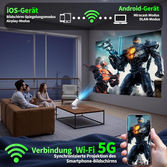 4K проєктор Beamer Full HD 1080P Mini з Wi-Fi 6 та Bluetooth 5.2, Android, портативний, 270° обертання, автоматична корекція трапеції, для PC/HDMI/USB, з мишкою та пультом, білий