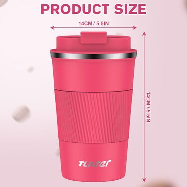 Термокружка для кави з кришкою 380мл, з подвійними стінками, з нержавіючої сталі, для гарячих та холодних напоїв (Рожевий)