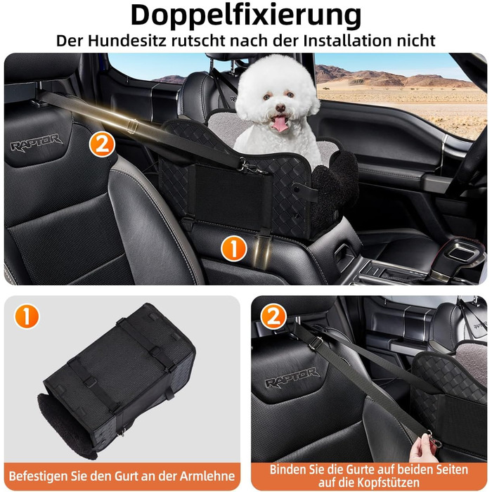Автокрісло для собак та котів GGW | Безпечне автокрісло з подвійним кріпленням, водонепроникне, з кишенями, для малих собак та котів | Чорна шкіра
