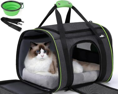 Транспортна переноска для котів Pecute, переноска-ліжко для тварин, складана переноска-сумка для котів та собак, переноска для собак з регульованим плечовим ременем, XL (45 x 35 x 32 см), темно-сірий + зелений (з подушкою)