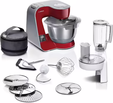 Кухонний комбайн Bosch Serie 4 MUM5X720 з вагою, м’ясорубкою, комплект BakingSensation, пластикова чаша, темно-червоний/сріблястий