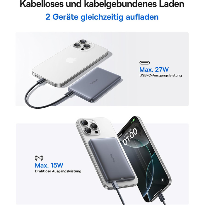 Power Bank Baseus Picogo AM41: 10000mAh, Qi2 Magsafe, 27W PD, бездротова зарядка 15W, USB-C, для iPhone 17/16/15/14/13/12, Space Gray