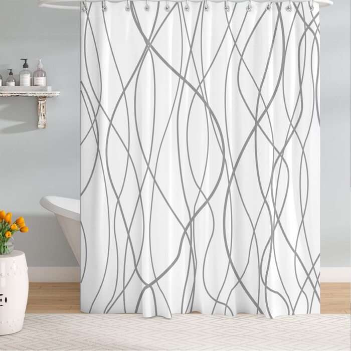 Шторка для душу M&W Design з поліестеру, з лініями, антигрибкова, водовідштовхувальна, біла, 180x200 см, з 12 C-кільцями, з обтяженим краєм