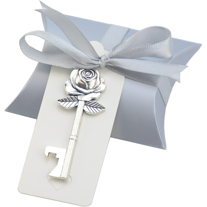 Aokbean 50pcs Wedding Key Bottle Openers Vintage Rose Flower Shape Gifts for Guest Gift Set with Candy Boxes, Thank You Tags and Ribbon (Antique Silver)