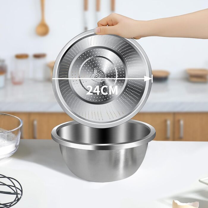Ситечко кухонне нержавіюча сталь 24 см (2 шт.) з мисками для перемішування. Підходить для миття овочів, фруктів, пасти. Можна мити в посудомийній машині.