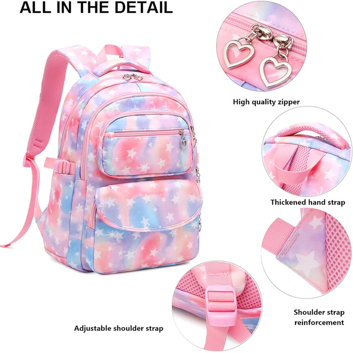 Шкільний рюкзак для дівчаток: набір з 3 шт. (рюкзак, ланч-бокс, пенал) зірковий рожевий колір