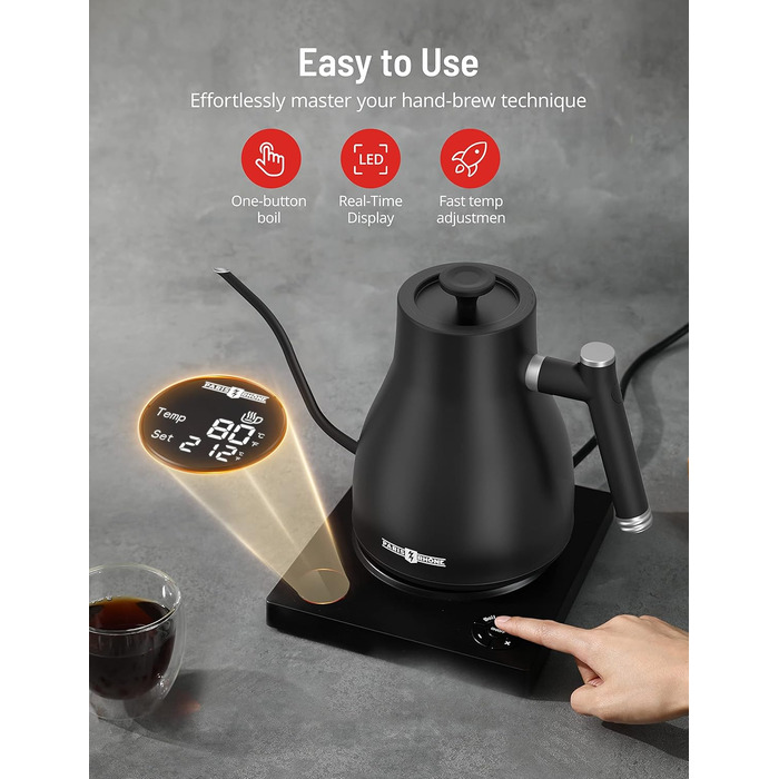 PARIS RHÔNE Swan Neck Electric Kettle with Temperature Control - 0.9L, 24-Hour Keep Warm, Dark Green