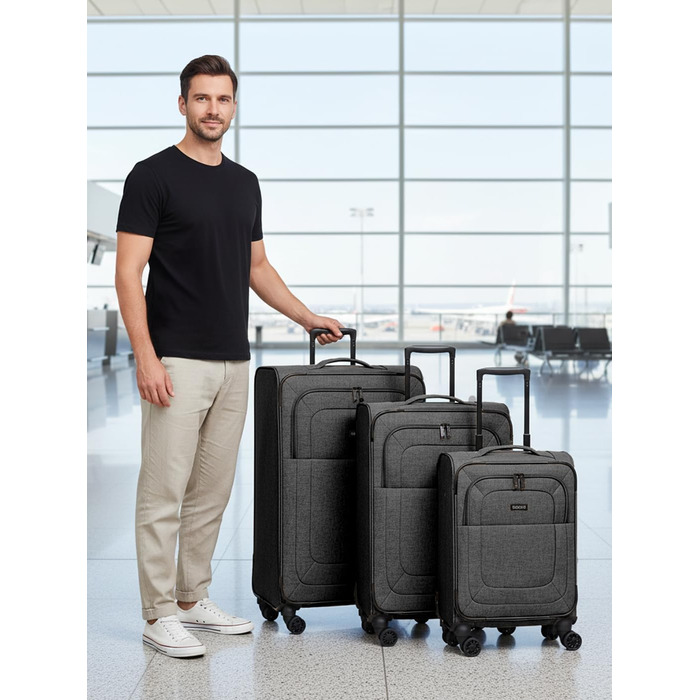 Набір валіз REDOLZ 3 шт. для жінок та чоловіків | Легкі та стійкі дорожні ролери, якісний м'який кейс, 4 подвійні колеса та TSA-замок | Розширюваний з еластичними складками (Essentials 12) Чорний набір валіз (3 шт.) 3-колісний розширюваний