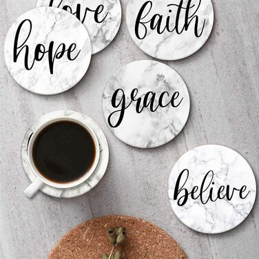 Britimes Drink Coasters, Set of 6, White Marble, Inspiring Love, Absorbent, Round, Ceramic-Stone Mat, with Cork Bottom and Metal Holder, Housewarming Gift, Bar, Decor