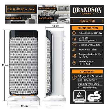 Електричний обігрівач Brandson з пультом керування, керамічний, для ванної кімнати, енергозберігаючий, тихий, з осциляцією, 2 режими нагріву, таймер, сертифікат GS