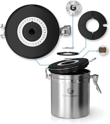 Набір кавових контейнерів Coffee Gator з нержавіючої сталі (2 шт.) - для кави в зернах та меленої, з датою, CO2-вентилем та мірною ложкою