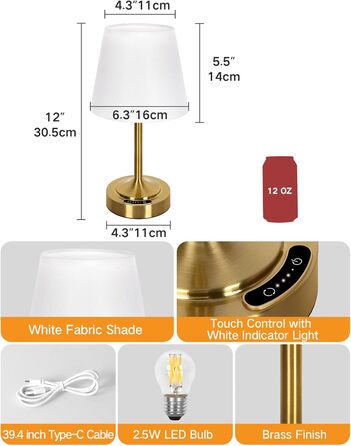 Акумуляторна LED настільна лампа OUTON з зарядкою та димером, 3 кольори світла, 4000mAh, до 60 год роботи, золота - 1 шт.