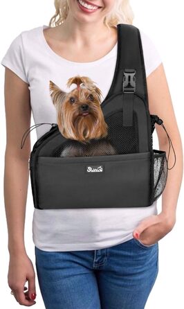 Dog-friendly sling carriers, hands-free travel bag for small pets with adjustable straps, hardboard base, safety belt, for dogs up to 2.8kg, widened version (M+ (For short-legged pets under 2.8kg), Black)