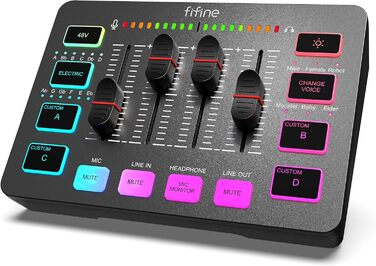 FIFINE ігровий аудіомікшер для ПК, RGB звукова карта для XLR мікрофона, аудіоінтерфейс для стрімінгу та музикантів, мікшерний пульт для геймерів і креаторів, індивідуальне керування, зміна голосу, чорний