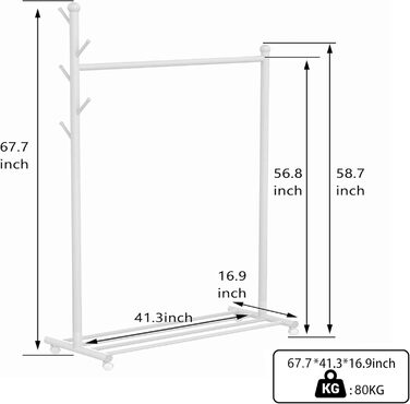 Clothes Rack Clothes Hanger Portable - Rolling Clothes Rack on Wheels With Bottom Shelves (White)