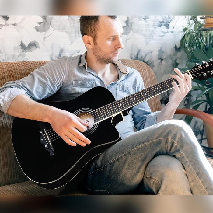 Акустична гітара ADM 38 дюймів для початківців та дорослих: повний комплект з онлайн-уроками, кейс, ремінь, медіатор, каподастр, підставка, чорний колір