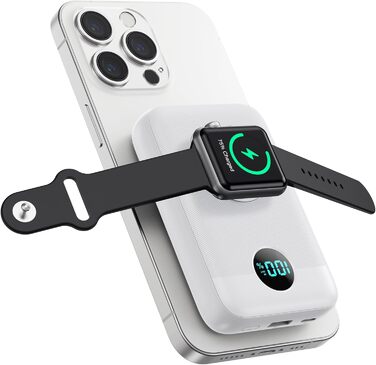 Power Bank Магнітний 10800mAh з підтримкою MagSafe, 4-в-1 з зарядкою для Apple Watch, QC4.0+PD 22.5W USB-C, LED-дисплей, для iPhone 15/14/13/12 Series, білий