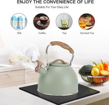 Чайник для плити Vegoran 3 л з гучним свистком, нержавіюча сталь з дерев'ястим декором, з кришкою-захопленням, для чаю, кави, молока (зелений)