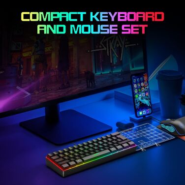Ігровий комплект клавіатури та миші HXSJ V700: компактна клавіатура TKL з RGB-підсвічуванням та оптична миша з 7 кнопками (до 3600 DPI) для PC та Mac, чорний колір