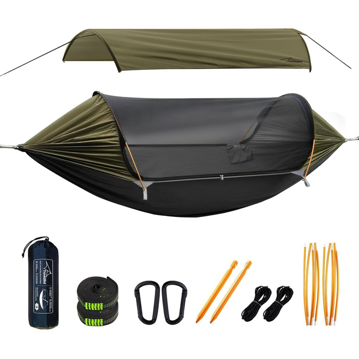 Гамак для кемпінгу 4-в-1 з москітною сіткою та знімним сонцезахистом, 290x140 см, армійний зелений