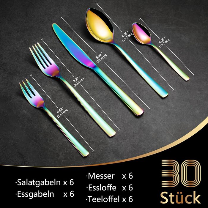 Opolia Cutlery Set for 6 People, Rainbow Cutlery, 30-Piece Stainless Steel Cutlery Set, High-Gloss Polished, Forks and Spoons, Dishwasher Safe, Rustproof and Colorful