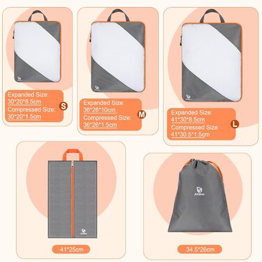 Органайзери для валізи AiQInu Compression Packing Cubes, 5 шт., сірі - компресійні пакети для подорожей, чохол для взуття та білизни, ультралегкі, розширювані