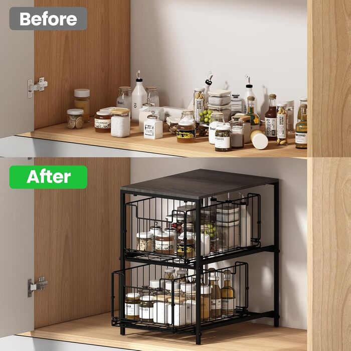 Meltrck Spice Rack and Kitchen Organizer, 2-Tier Pull-Out Kitchen Organizer, Metal and Wood Composite for Kitchen, Countertop, Pantry, and Dining Room (Black)