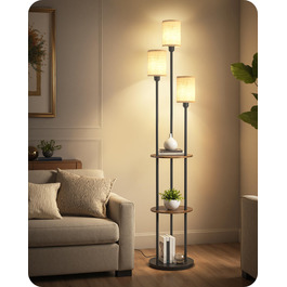 Стельова лампа для вітальні з поличкою, 3-хламкова, вінтажний стиль, бохо, з дерева, з вимикачем на ніжці, E27, ретро, коричнево-бежева ZEF53LDD05