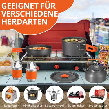 Набір посуду для кемпінгу Funykich 17 предметів: каструлі, сковорідки, чашки, столові прибори. Підходить для 2 осіб, пікніків, походів.