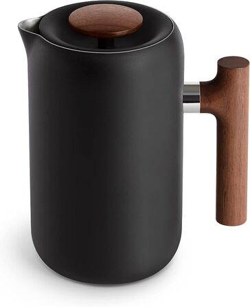 Fellow Clara Insulated French Press – Portable Stainless Steel Coffee Press, Insulated Hand Press, Matte Black with Walnut, 680g Carafe