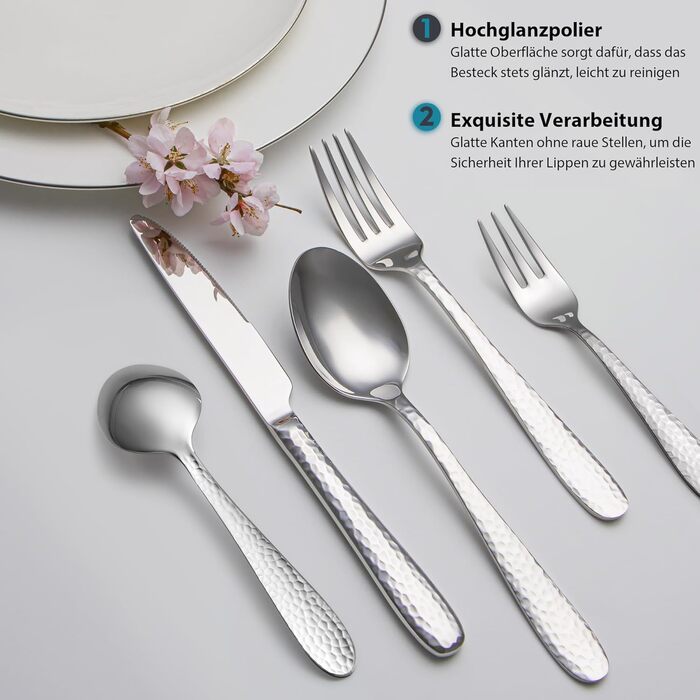 Набір столових приборів EIUBUIE з нержавіючої сталі 20 предметів, молоткова обробка, для 6 осіб, полірований, для дому та вечірок, можна мити в посудомийній машині
