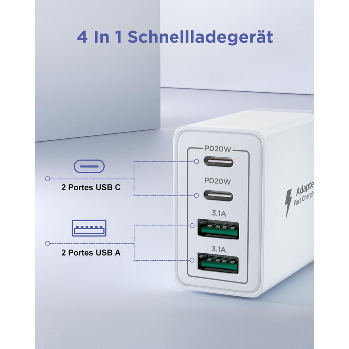 Мережевий адаптер USB-C на 4 порти з кабелем USB-C на USB-C 2м, 40W, PD 3.0, для iPhone, Samsung, смартфонів
