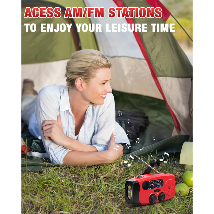 Радіо-пристрій на ручному валу Emgykit для надзвичайних ситуацій з сонячною батареєю та 3 LED-ліхтариками, 2000mAh, AM/FM/NOAA, SOS-функція, для кемпінгу, червоний
