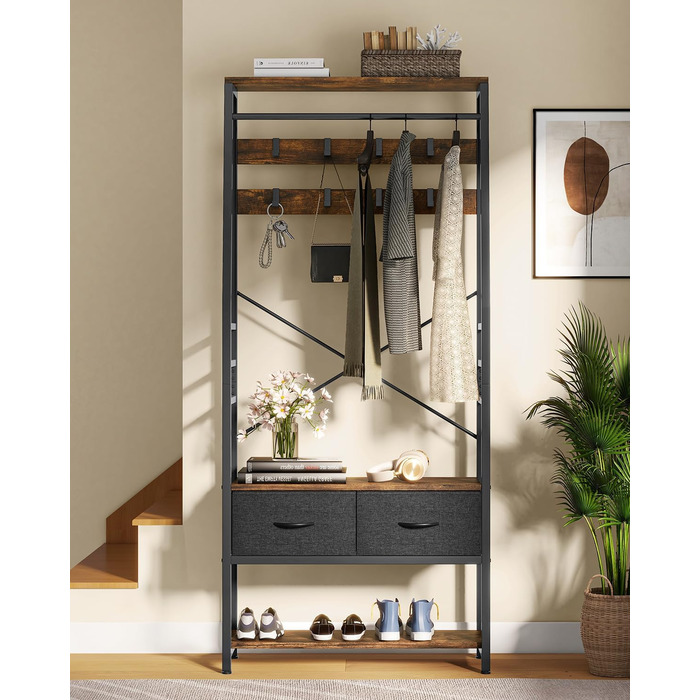 YITAHOME Entryway Storage Bench with Shoe Cabinet, Freestanding Mudroom Bench with Bank and 2 Folding Drawers, Industrial Coat Rack with 8 Hooks for Entryway Living Room Bedroom, Metal Frame, Rustic Brown