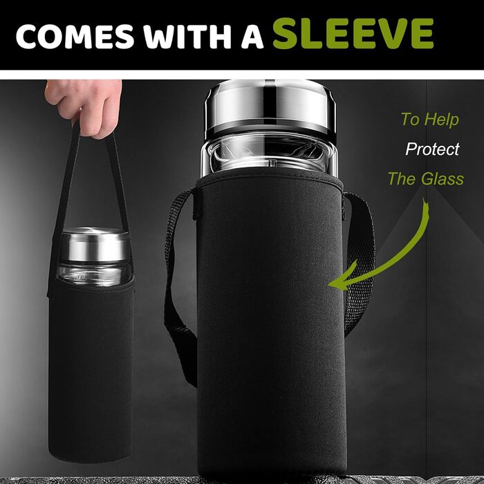 Double-walled glass tea bottle, 1 liter with 2-in-1 stainless steel infuser for on-the-go use, 1000ml large volume. Tea bottle 100% leak-proof, 1 l (600ml suitable for office/roadtrip/school/on the go)