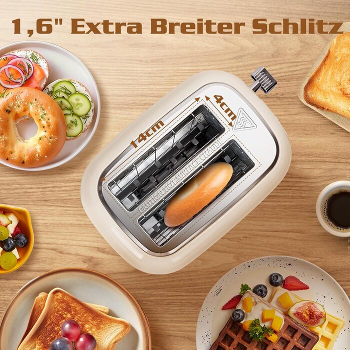 Тостер Aigostar 2-х секційний, Ретро, Кремовий, 800W, 6 рівнів підсмажування, Функції: Bagel, розморожування, підігрів, відміна