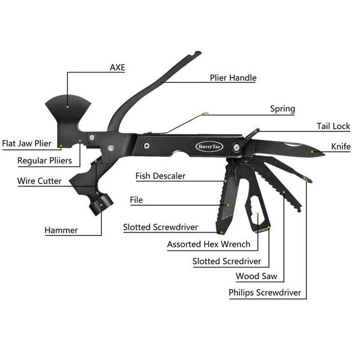 Мультитул RoverTac 14-в-1: сокира, ніж, молоток, плоскогубці, пила, відкривачка для пляшок, викрутка - ідеальний подарунок для чоловіків, кемпінгу (сірий)