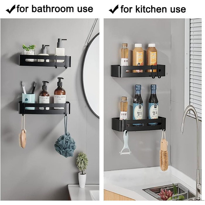 Настінна полиця Yeegout для ванної кімнати з гачками, кутова, чорна, з алюмінію, клейка
