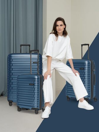 Чохол-валіза на колесах | Розширюваний середній валіза 45 x 25 x 66 см, 67-75 літрів | з поліпропілену, 4 подвійні колеса, TSA-замок (Колекція 04) | Колір: Navy Blue Metallic, Набір валіз (3 шт.)