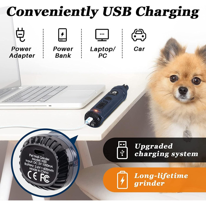 Шліфувальник для собак Bousnic Krallenschleifer з 2 LED-ліхтариками - тихий, потужний електричний триммер для догляду за кігтями собак та котів (Navy)
