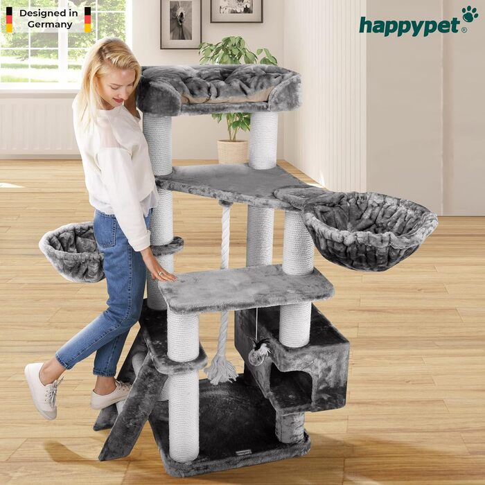 HAPPYPET Драбина для котів Jacob XXL - велика, стабільна, з сизалевими стовпчиками та масивною основою, ідеальна для великих порід, сірого кольору